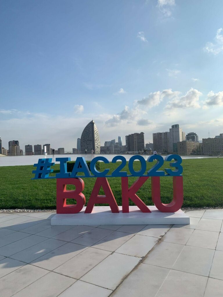 IAC2023 Baku sign outside the Heydar Aliyev Center. Photo taken by Giulia Costella