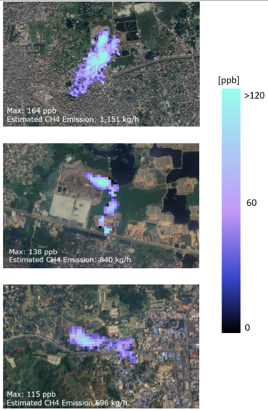 Methane plumes from landfills in the three pilot sites