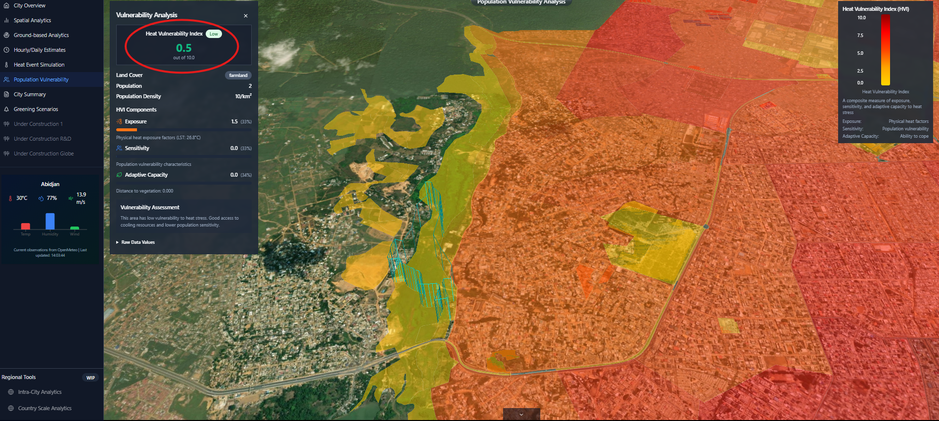 A map showing areas in red, green and yellow