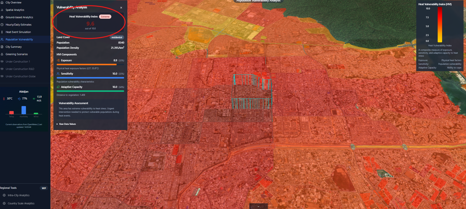 A map showing an area in red