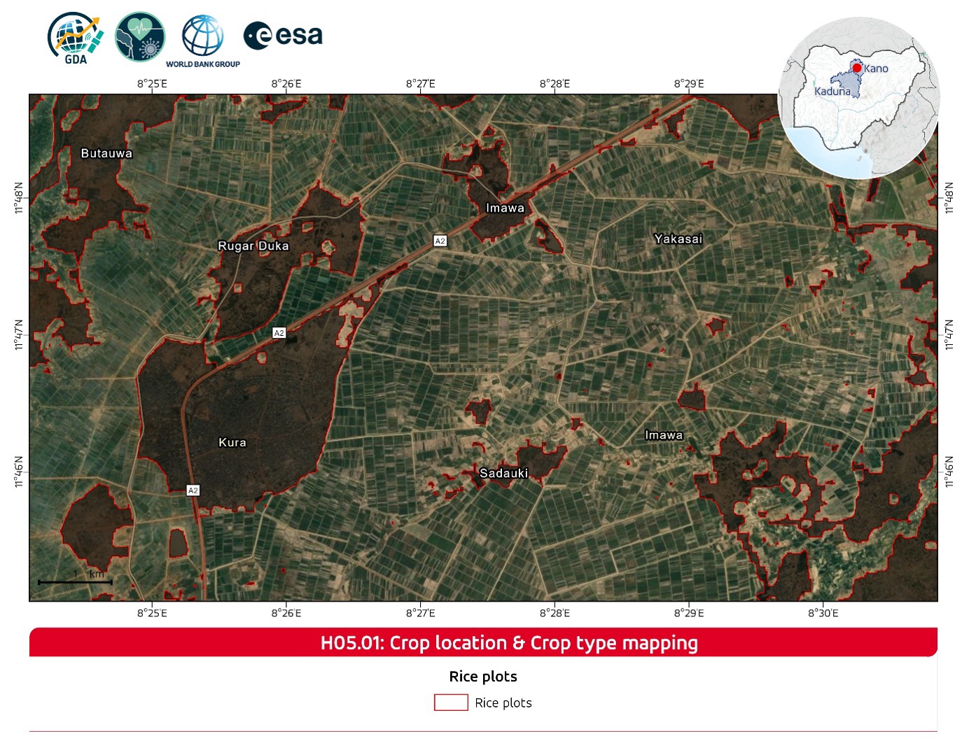 A map showing rice fields in Kano State, Nigeria
