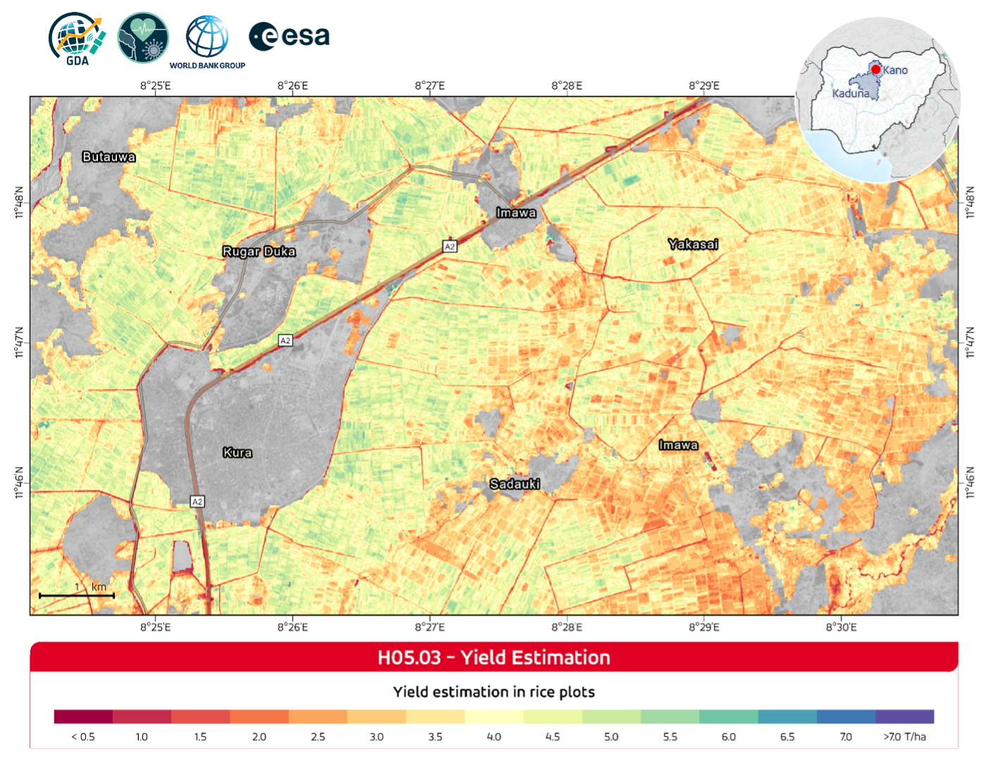 Detail map of rice field yield at 10 m resolution in Kano State, Nigeria