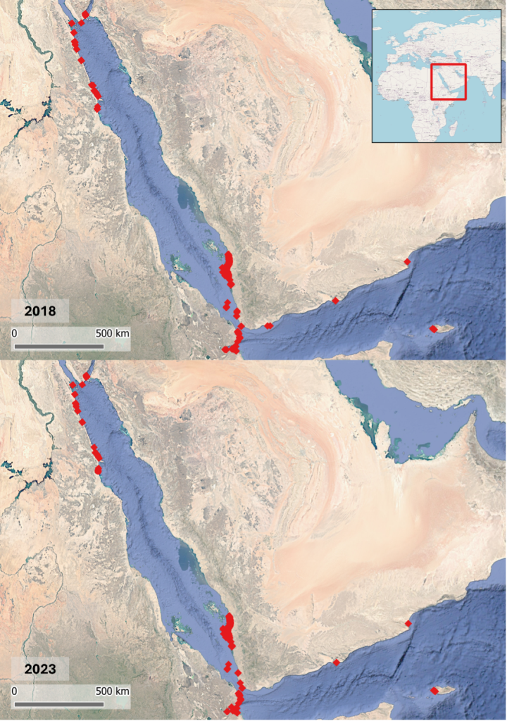 Two maps showing mangrove locations for 2018 and 2023.